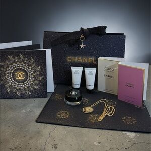 CHANEL Navy and Gold Decorative Gift Set Card with Skincare Miniatures and more
